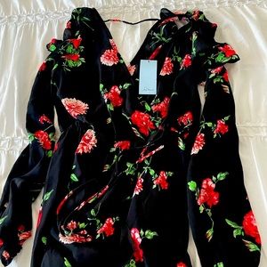 Women’s long sleeve open  shoulder flowered mid calf dress